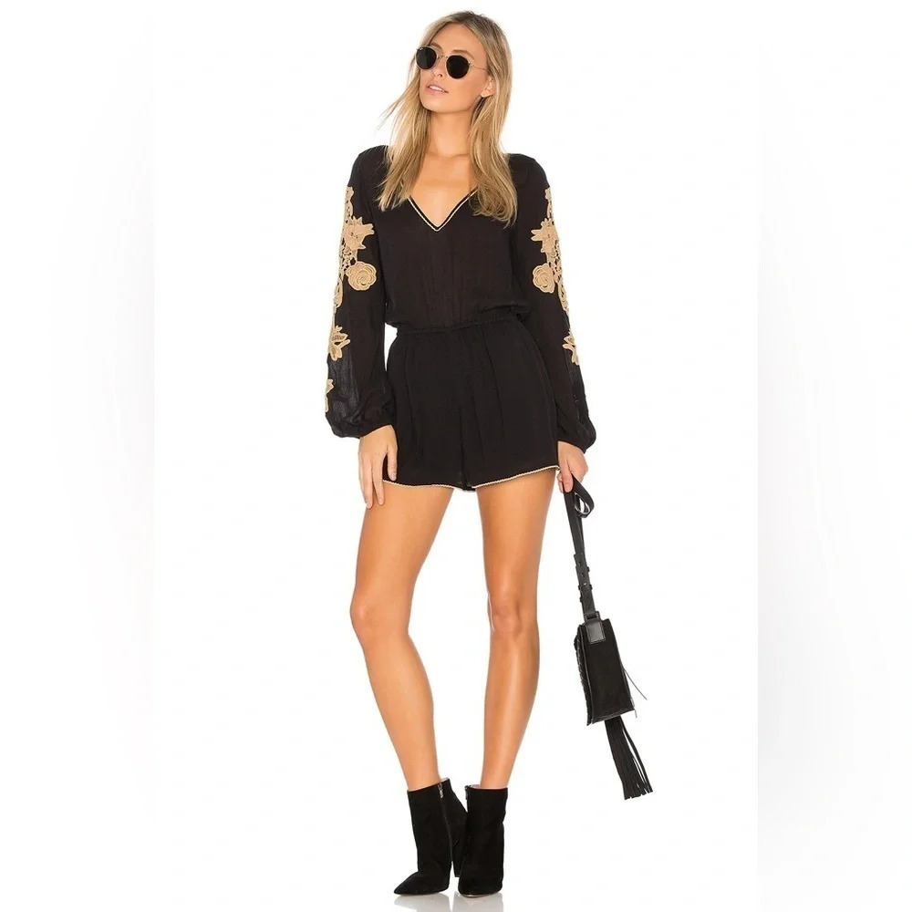 L*Space Gianna Romper Black Crochet Sleeve Boho Resort Cover Up Festival XS